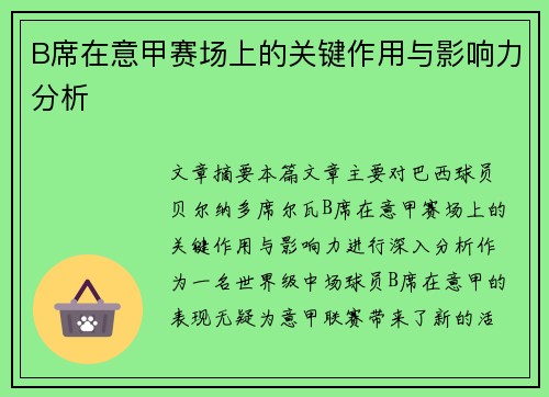 B席在意甲赛场上的关键作用与影响力分析